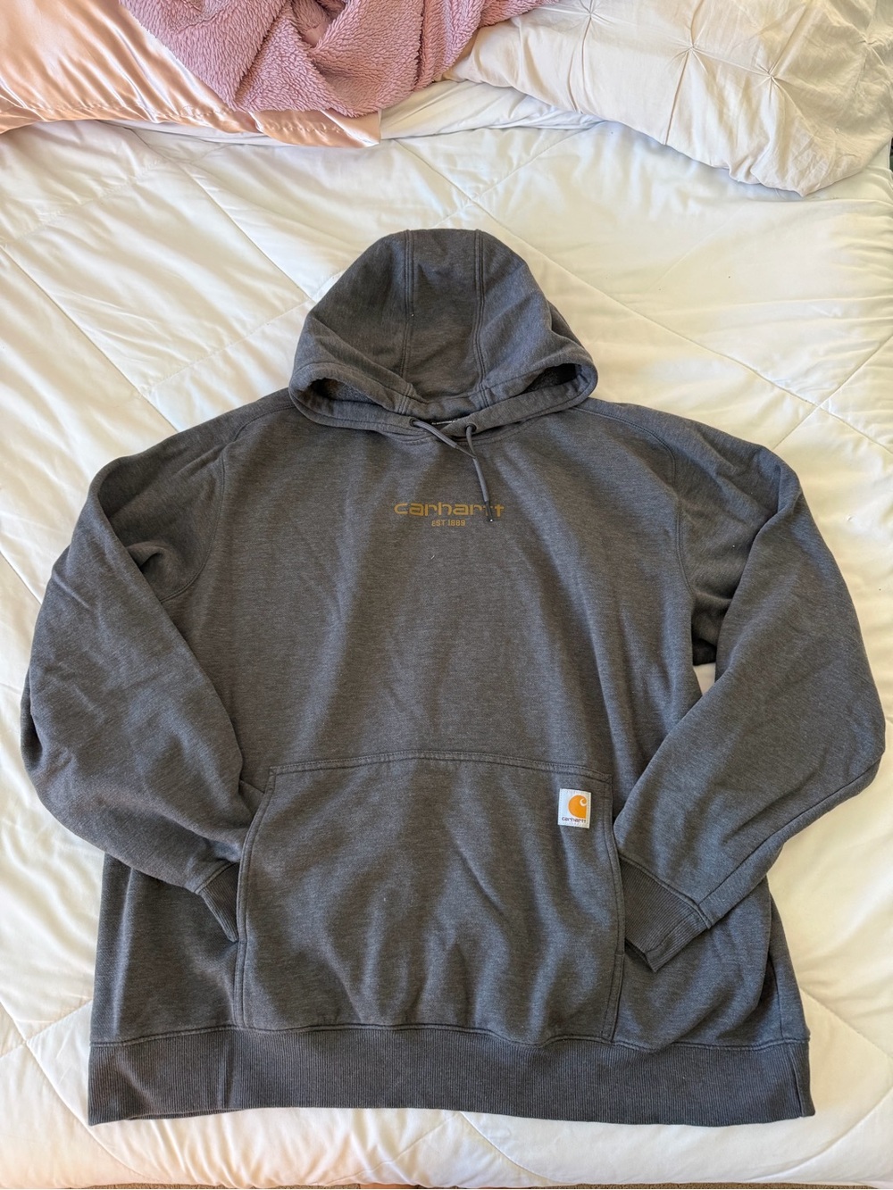 Carhartt Men's Charcoal Gray Logo Hooded Sweatshirt with Gold Accent